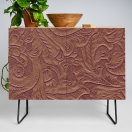 Chocolate Brown Tooled Leather Credenza