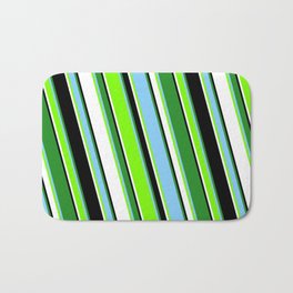 [ Thumbnail: Colorful Forest Green, Light Sky Blue, Green, White, and Black Colored Pattern of Stripes Bath Mat ]