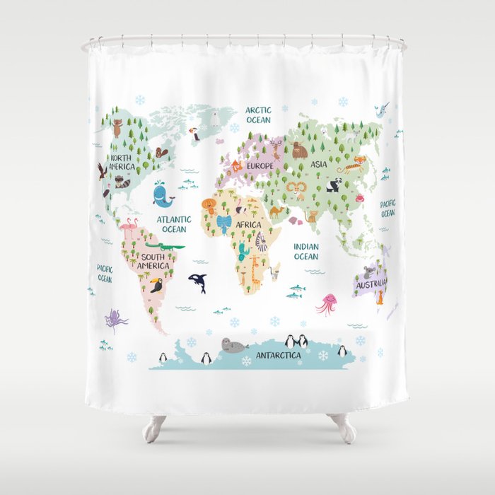 Nursery Animal World Map in Pastels Shower Curtain