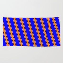 [ Thumbnail: Blue and Dark Orange Colored Lined/Striped Pattern Beach Towel ]