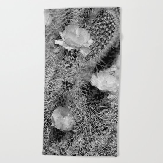 Hedgehog Cactus In Bloom II - Black and White Beach Towel
