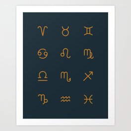 Zodiac Symbols - Navy Art Print