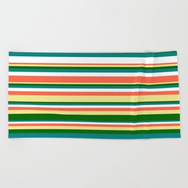 [ Thumbnail: Eyecatching Red, Tan, Dark Green, Teal, and White Colored Stripes/Lines Pattern Beach Towel ]