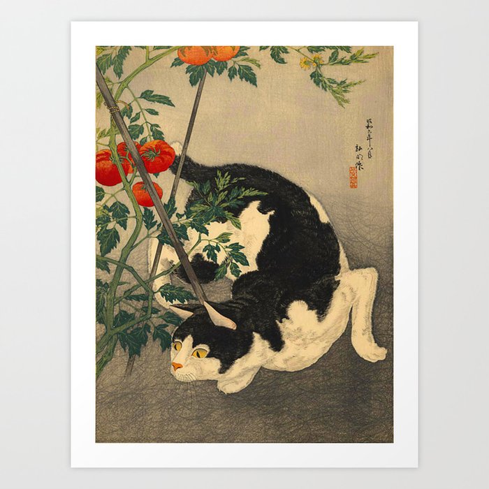 Shotei Takahashi Black White Cat Tomato Garden Japanese Woodblock Print Art Print By Enshape Society6