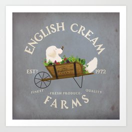 English Cream Golden Retriever Vintage Farm cart garden art Art Print