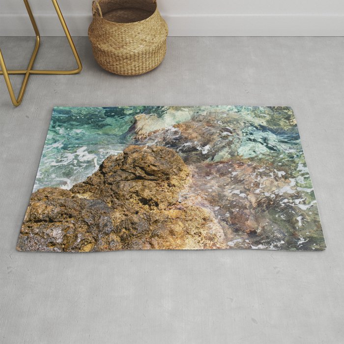 Yellow Volvanioc Rock And Deep Blue Sea Photography Rug