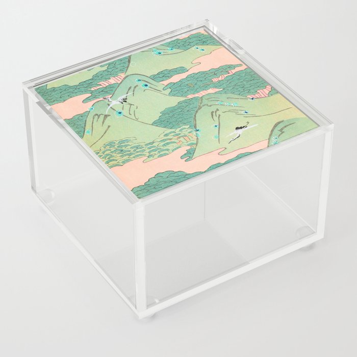Cranes over Mountains Forests Vintage Japanese Pattern Acrylic Box