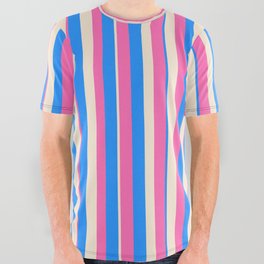 [ Thumbnail: Blue, Beige & Hot Pink Colored Pattern of Stripes All Over Graphic Tee ]