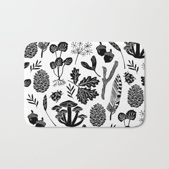 Linocut minimal botanical boho feathers nature inspired scandi black and white art Bath Mat