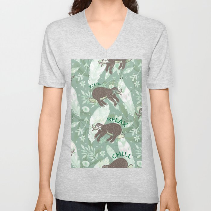 Lazy Boho Sloth On green Background Unisex V-Ausschnitt Lazy Boho Sloth On green Background Unisex V-Ausschnitt