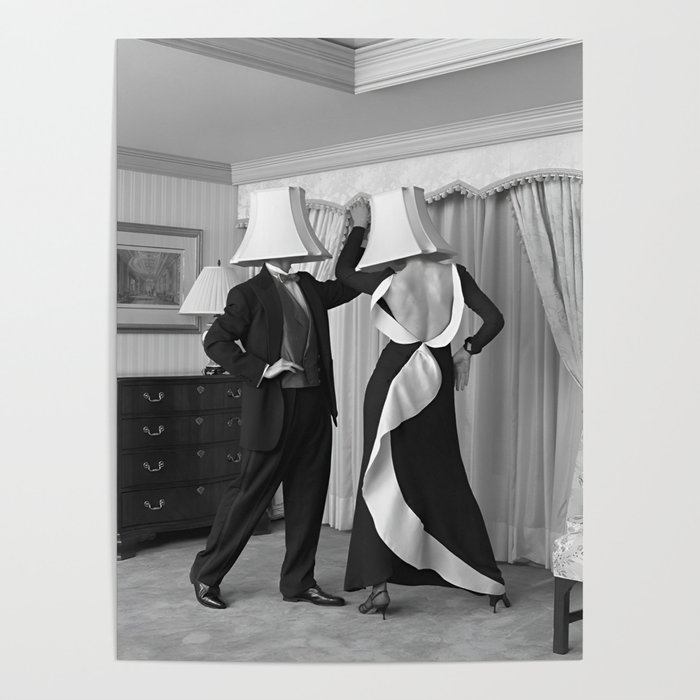 After party party animals; tipsy couple with lampshades on their heads funny humorous black and white vintage photograph - photograph - photographs Poster