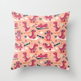 Fitness exercises for a dino // coral background red t-rex dinosaurs Throw Pillow