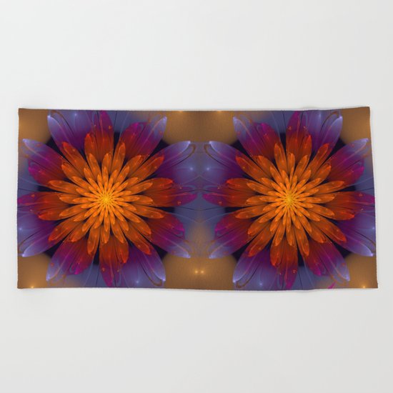 Fiery Fantasy Flower, fractal abstract Beach Towel