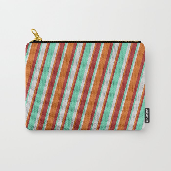 Aquamarine, Light Grey, Chocolate & Brown Colored Striped/Lined Pattern Carry-All Pouch