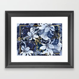 Navy Blue & Gold Watercolor Floral Framed Art Print