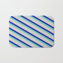 [ Thumbnail: Dim Grey, Blue, Aquamarine & Light Grey Colored Lined/Striped Pattern Bath Mat ]