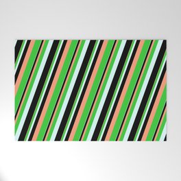 [ Thumbnail: Light Salmon, Lime Green, Light Cyan, and Black Colored Lines/Stripes Pattern Welcome Mat ]
