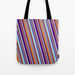 [ Thumbnail: Chocolate, Indigo & Sky Blue Colored Stripes Pattern Tote Bag ]