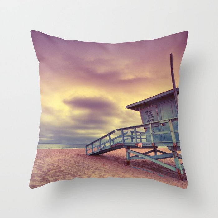 Lifeguard tower at sunset at Hermosa Beach, California Throw Pillow