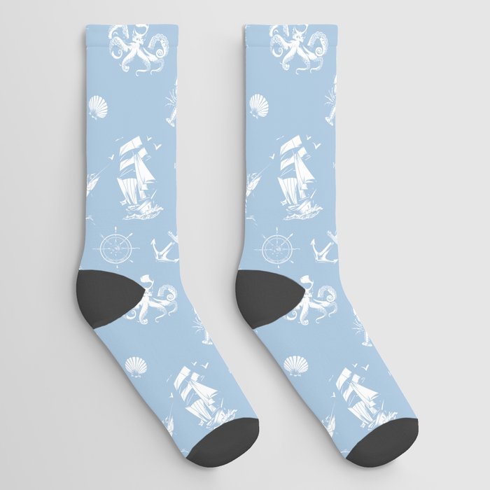 Pale Blue And White Silhouettes Of Vintage Nautical Pattern Socks