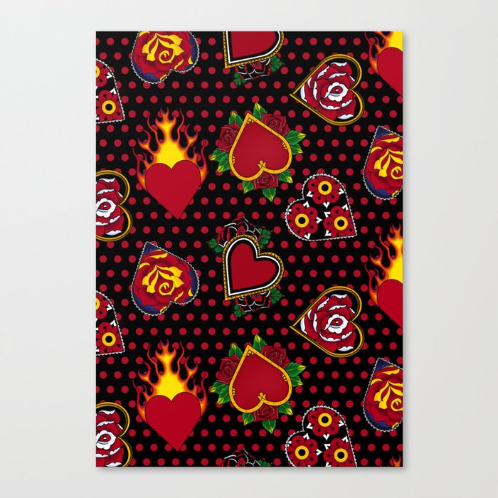 Tattoo Hearts on Black with Red Polka Dots  Canvas Print