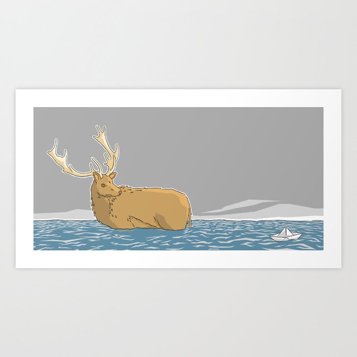 A deer in water - v1 Art Print | Drawing, Digital, Drawing, Illustration, Deer, Animal, Sea, Water, Paperboat, Floating