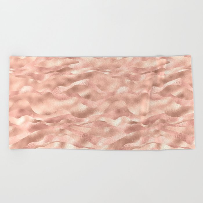 Glam Rose Gold Metallic Waves Texture Beach Towel