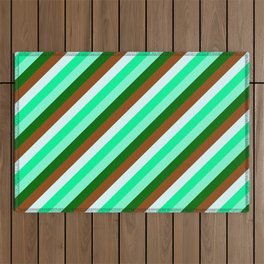 [ Thumbnail: Eyecatching Green, Aquamarine, Dark Green, Brown & Light Cyan Colored Stripes/Lines Pattern Outdoor Rug ]