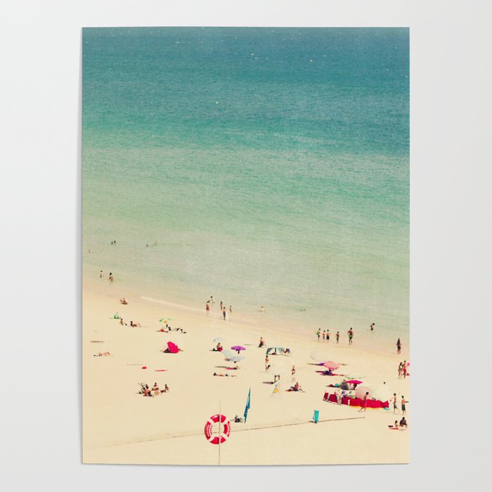 Aerial Pastel Beach - Turquoise Ocean - Beach People - Swimming - Summer - Sea Travel photography Poster