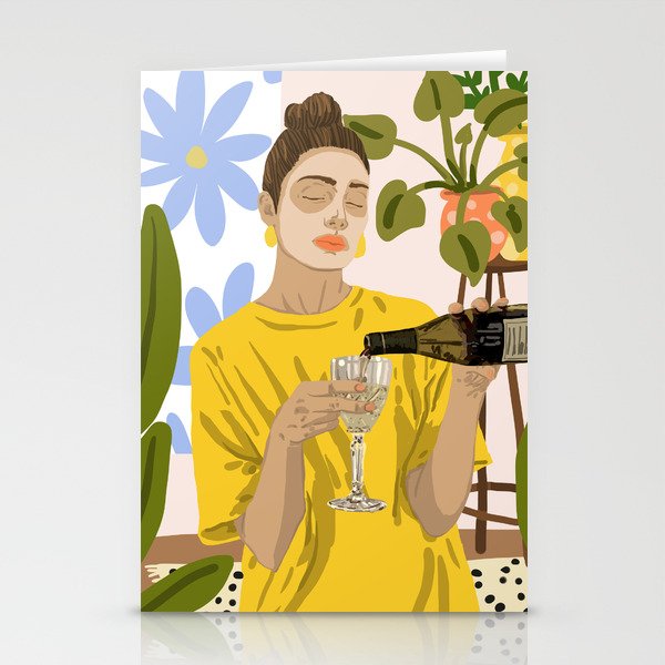 Self Care Illustration, Fashion Woman Wine Self Love, Face Mask Beauty Skin Care Plant Lady Stationery Cards