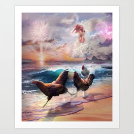 Beach Ocean Chickens, Clouds Spirit Chicken, Funny Majestic Art Print