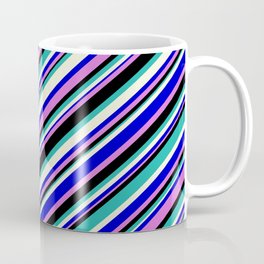 [ Thumbnail: Blue, Orchid, Black, Light Sea Green & Beige Colored Pattern of Stripes Coffee Mug ]