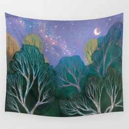 Starlit Woods Wandbehang | Landscape, Traditionalart, Coloredpencils, Nature, Painting, Magical, Forest, Trees, Stardust, Nightsky 