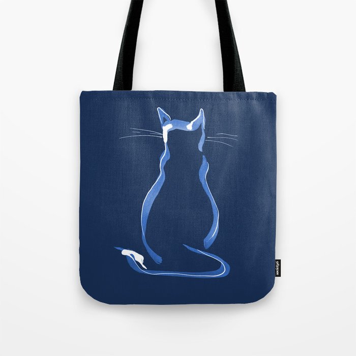 Sitting Cat from behind in Blue "Cat Drawings" Tote Bag