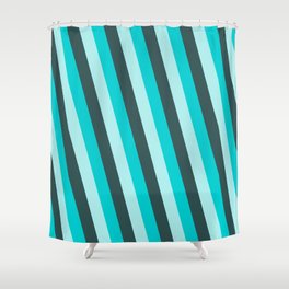 [ Thumbnail: Turquoise, Dark Slate Gray, and Dark Turquoise Colored Lined Pattern Shower Curtain ]