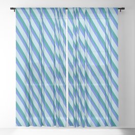 [ Thumbnail: Light Blue, Teal, and Royal Blue Colored Lined Pattern Sheer Curtain ]