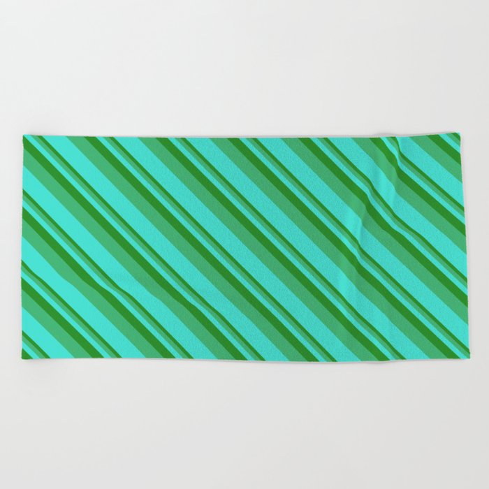 Forest Green, Sea Green & Turquoise Colored Lined Pattern Beach Towel