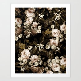 Antique Botanical Sepia Roses And Chamomile Midnight Garden Art Print