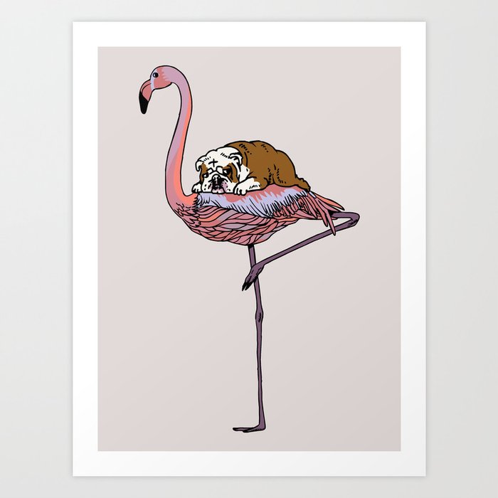 Flamingo and English Bulldog Art Print