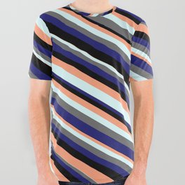 [ Thumbnail: Vibrant Black, Light Salmon, Light Cyan, Dim Gray, and Midnight Blue Colored Lines Pattern All Over Graphic Tee ]