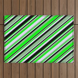 [ Thumbnail: Dark Sea Green, Lime, Lavender, and Black Colored Lines/Stripes Pattern Outdoor Rug ]