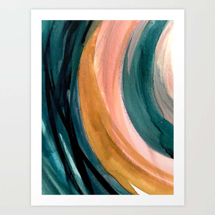 Breathe: a vibrant bold abstract piece in greens, ochre, and pink Art Print