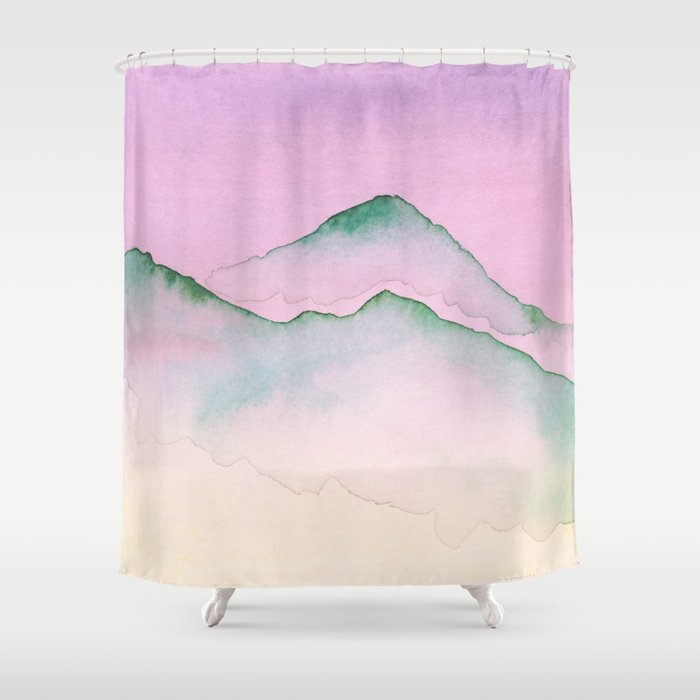 Green Top Mountain Range With Pink Sky Shower Curtain