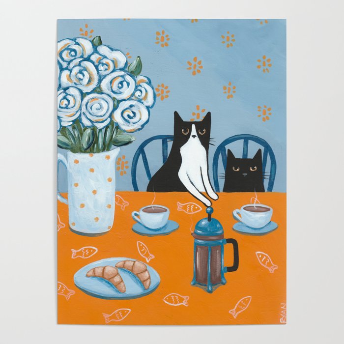 Cats and a French Press Poster | Painting, Acrylic, Original, Cat, Art, Folk-art, Painting, Cats, Tuxedo-cat, Black-cat