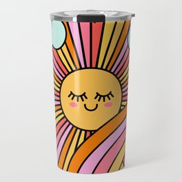 Cute Smiling Sun Retro Groovy 70s Pink Yellow Travel Mug
