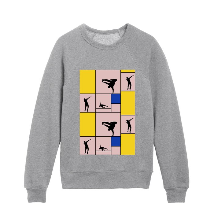 Street dancing like Piet Mondrian - Yellow, and Blue on the pink background Kids Crewneck