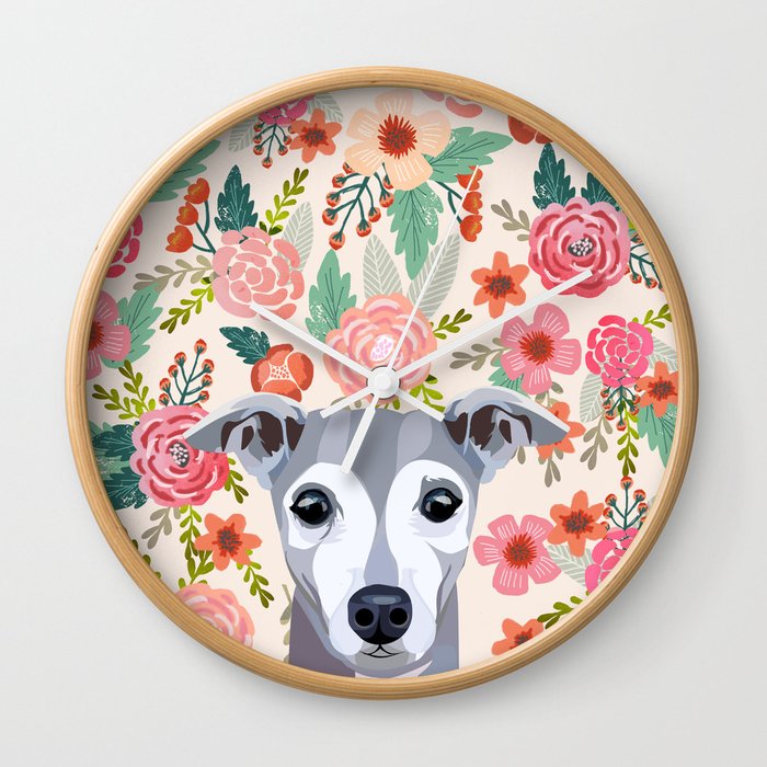 Italian Greyhound floral pet portrait wall art and gifts for dog breed lovers Wall Clock