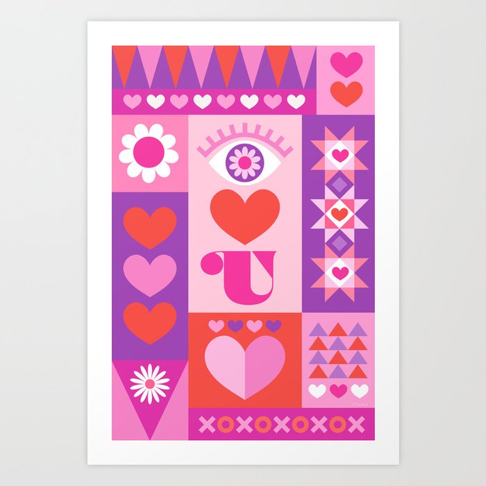 I Love You Checkerboard - Pink Red & Purple Art Print