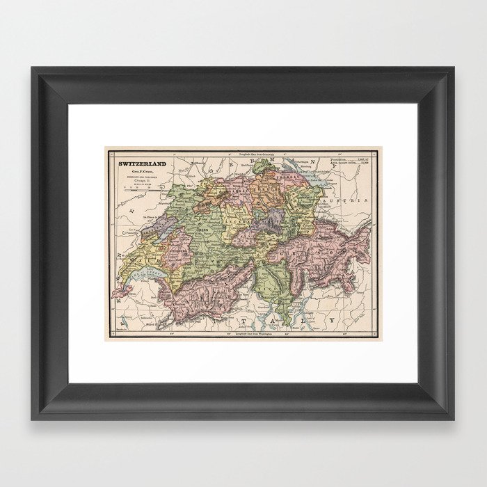 Vintage Map of Switzerland (1882) Framed Art Print