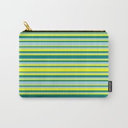 [ Thumbnail: Yellow, Teal, and Light Blue Colored Stripes Pattern Carry-All Pouch ]